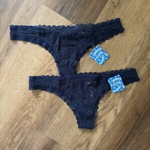 Free People Lace Tanga Thongs in Navy, 2 Pair